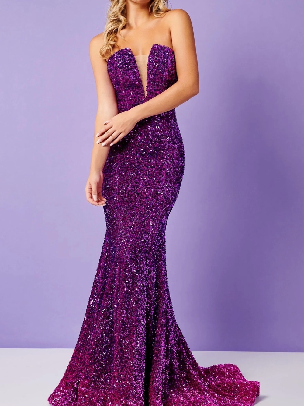 Size 2 Rachel Allan Strapless Purple Sequin Mermaid Gown